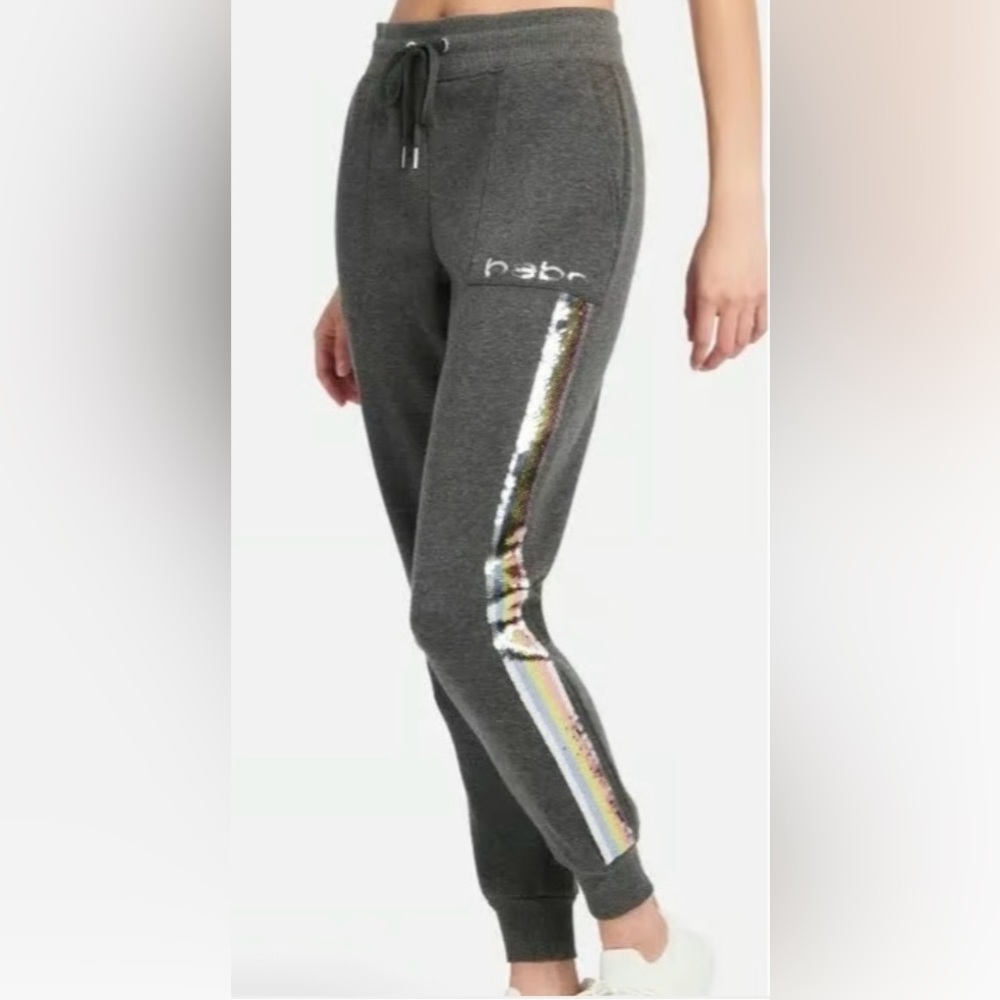 BEBE Sport Jogger Size 3X Grey Rainbow Stripe Sequins Logo Fleece Sweatpants